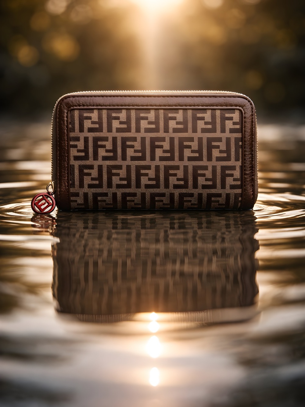 Fendi Zucca FF Monogram Zip Around Wallet with Red Accents w/ COA
